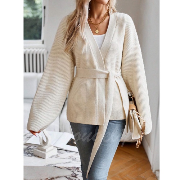 Beige Knit Kimono Sweater Tie Belt Loose Fit Drop Shoulder Wrap - Picture 6 of 7
